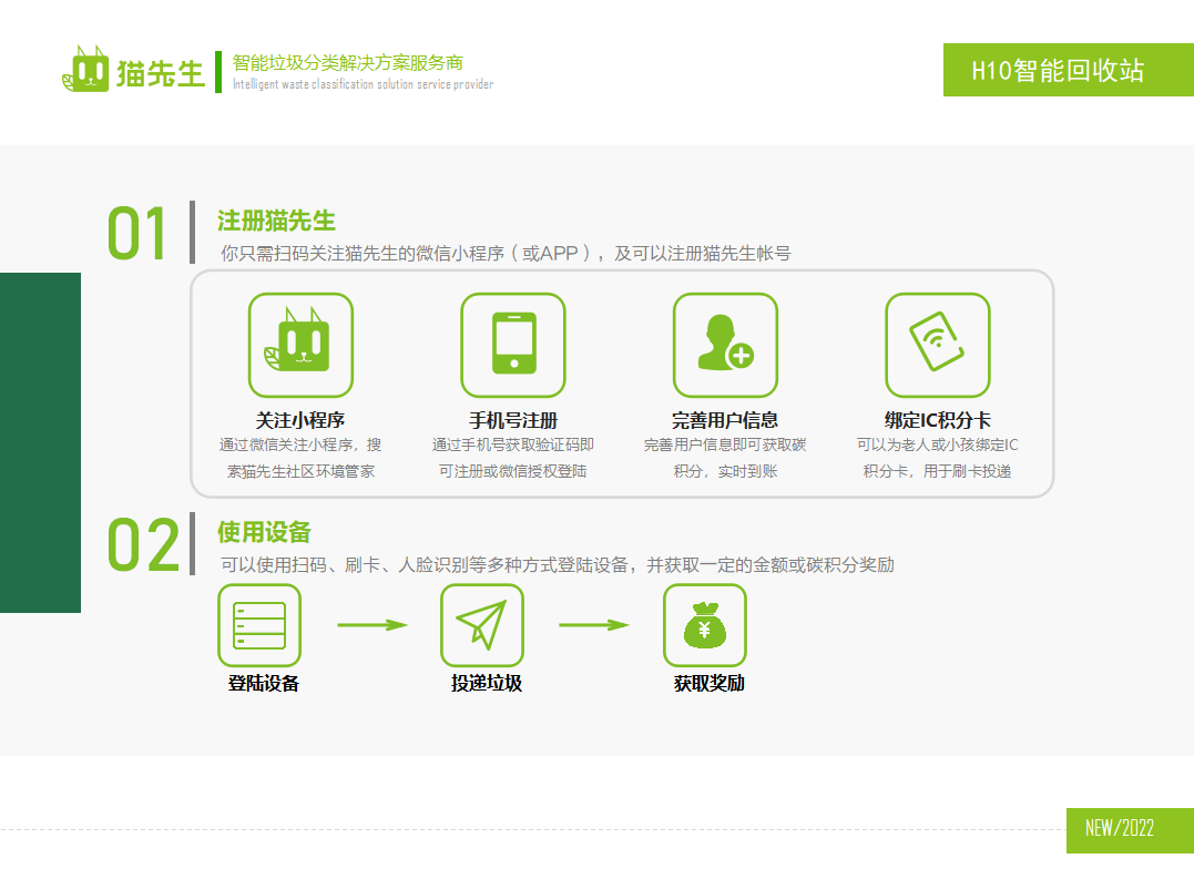 貓先生智能再生資源回收站，廢舊物資回收站，智能再生資源回收箱使用流程，社區(qū)垃圾分類站生產(chǎn)廠家